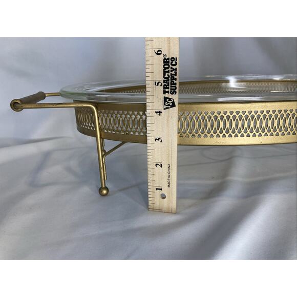 VINTAGE PYREX 16” CHAFING DISH 3 QT W/ STAND WARMER HOLDERS GOLD BRONZE USA - Picture 3 of 6